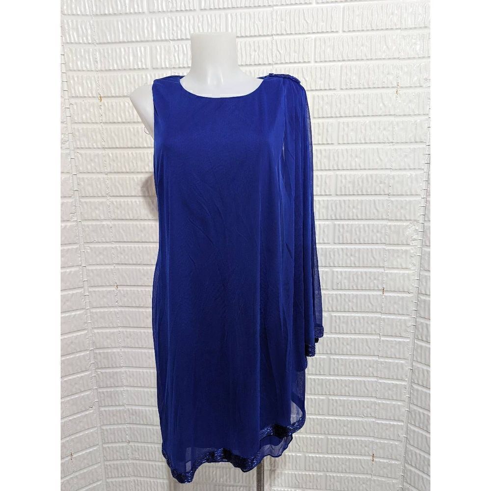 JS Boutique Women's Sapphire Blue Bead Embellish Asymmetrical Tunic Dress Sz 10